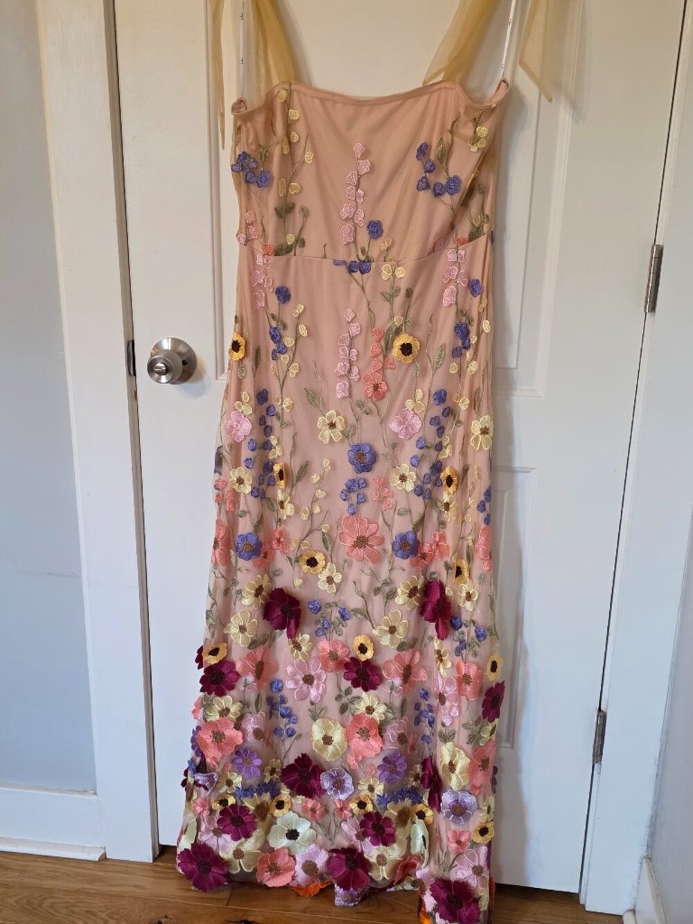 Lulus Thriving Poise Blush 3D Floral Embroidered Tie-Strap Maxi Dress